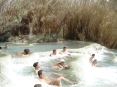 Saturnia Terme e paese (GR) - Da un lato un fitto canneto nasconde le vasche termali. Molte persone in costume si rilassano nelle acque con benefici per la pelle, la circolazione, le vie respiratorie e soprattutto per lo spirito.